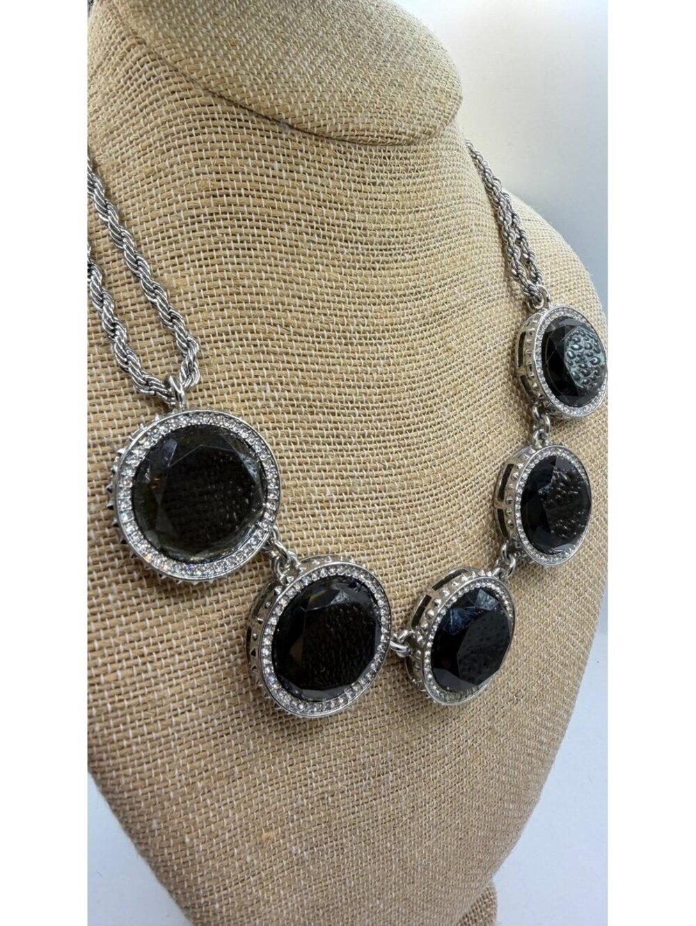 Banana Republic Smoky Topaz Crystal Statement Necklace / Silver Tone Rope Chain